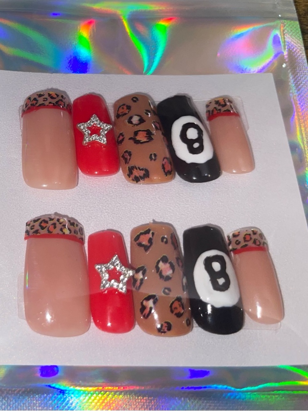 Leopard Accent Press-On Nail Set with Red & Black Details
